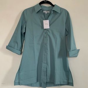 Light Blue Top with Cuffed Sleeve and Button Back - Petite